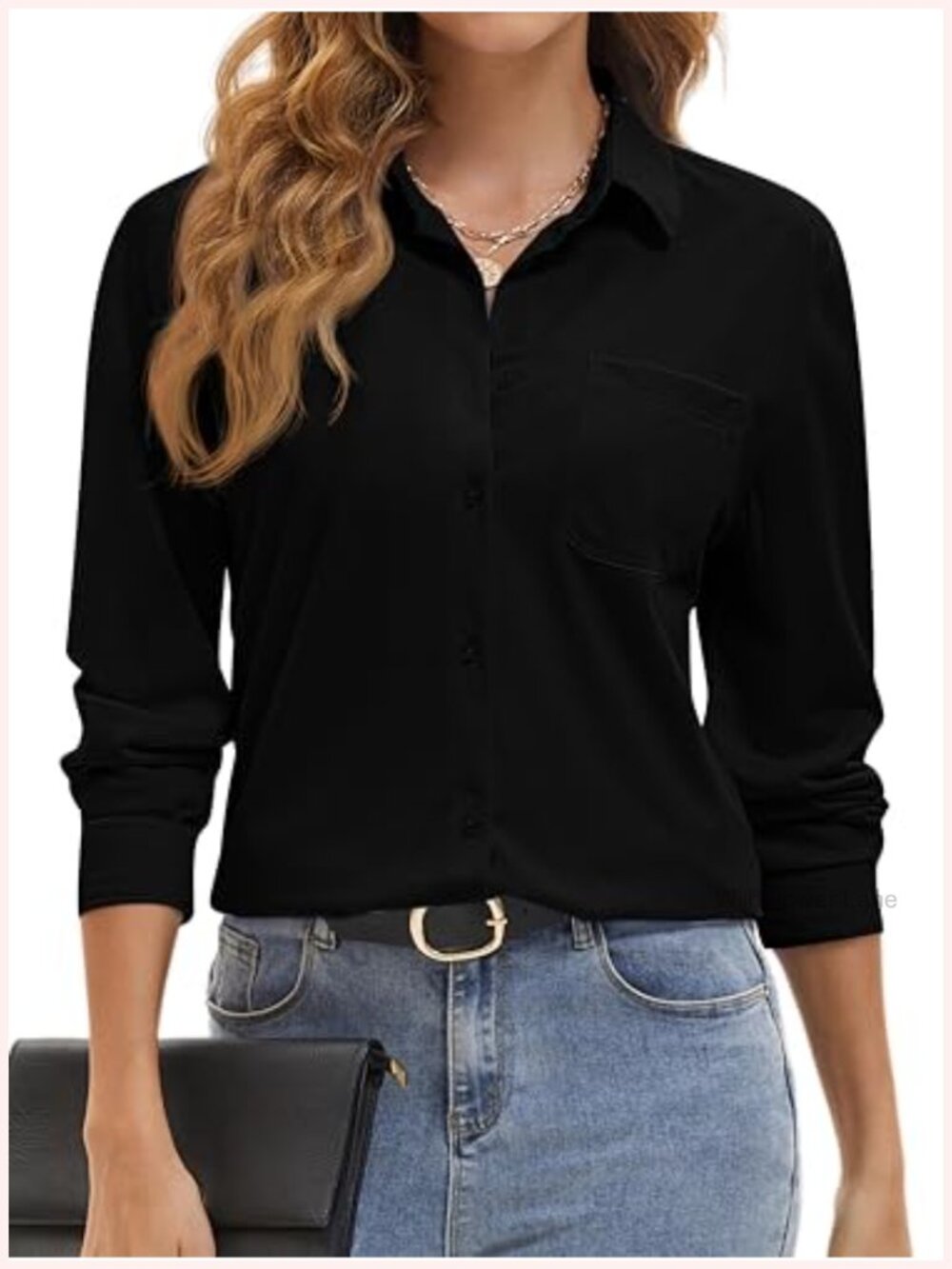Wrinkle Free Striped Button Down Shirt Long Sleeve V Neck Work Blouse